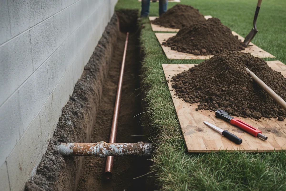 Excavated water line trench during Water Heater Repair in Grant Park